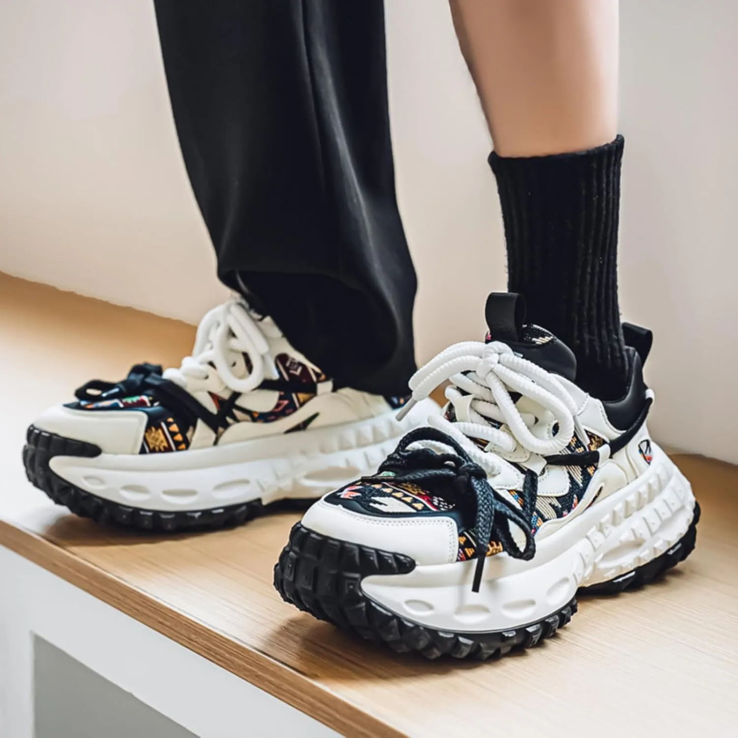Men's 3.15" Thick Sole Platform Sneakers Floral Pattern Patchwork Dad Style Fashion Casual Walking Skate Shoes