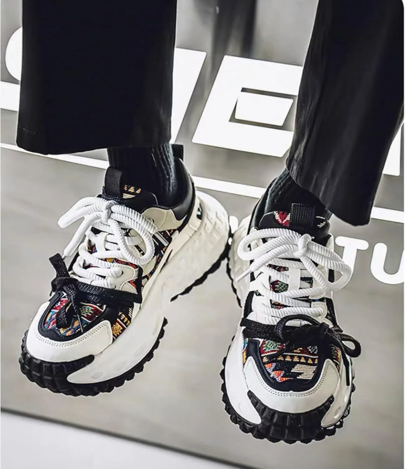 Men's 3.15" Thick Sole Platform Sneakers Floral Pattern Patchwork Dad Style Fashion Casual Walking Skate Shoes