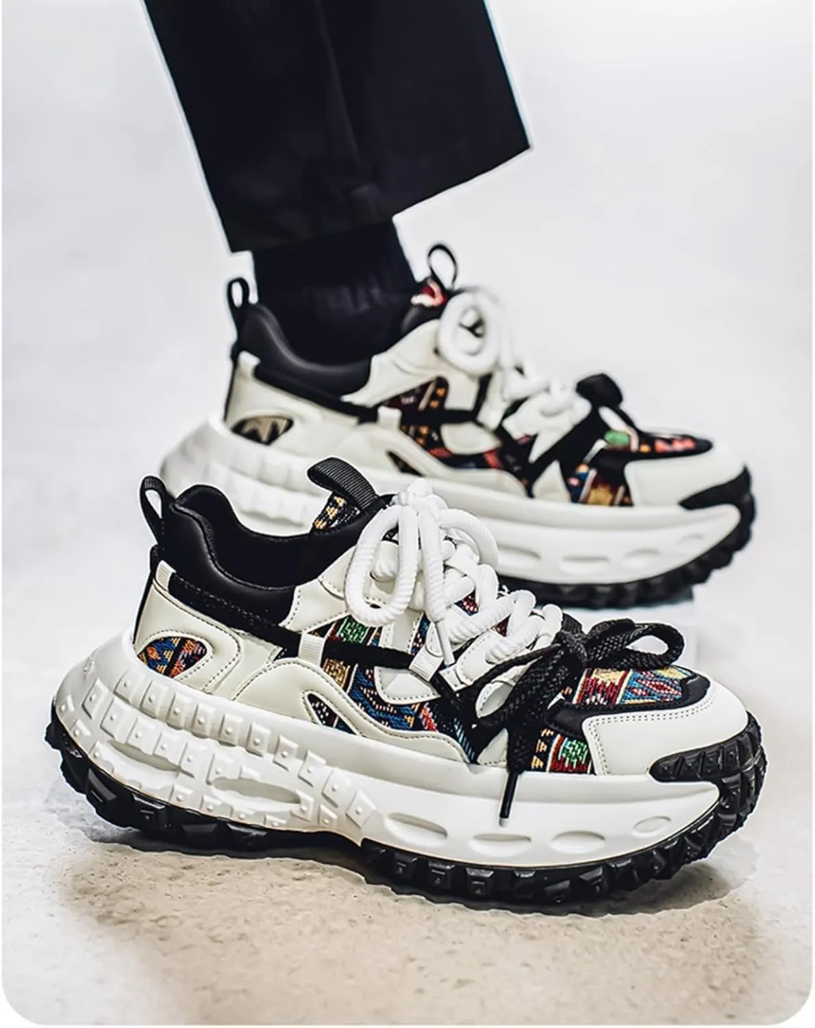 Men's 3.15" Thick Sole Platform Sneakers Floral Pattern Patchwork Dad Style Fashion Casual Walking Skate Shoes