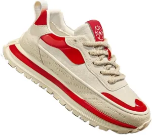 Men's Breathable Casual Sneakers - Lightweight Low-Top Sneakers with Cushioned EVA Insole, PU Sole & Red Accents for Spring/Summer Walking, Jogging, Casual Attire