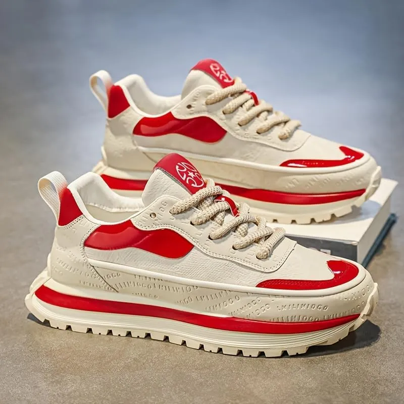 Men's Breathable Casual Sneakers - Lightweight Low-Top Sneakers with Cushioned EVA Insole, PU Sole & Red Accents for Spring/Summer Walking, Jogging, Casual Attire