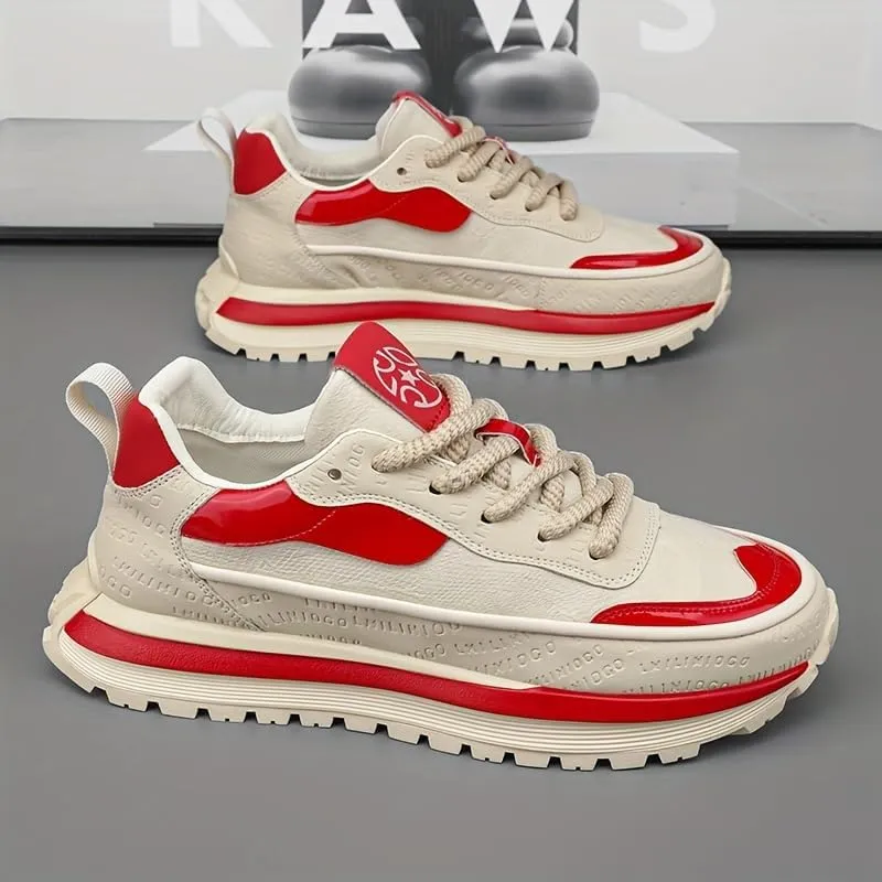 Men's Breathable Casual Sneakers - Lightweight Low-Top Sneakers with Cushioned EVA Insole, PU Sole & Red Accents for Spring/Summer Walking, Jogging, Casual Attire