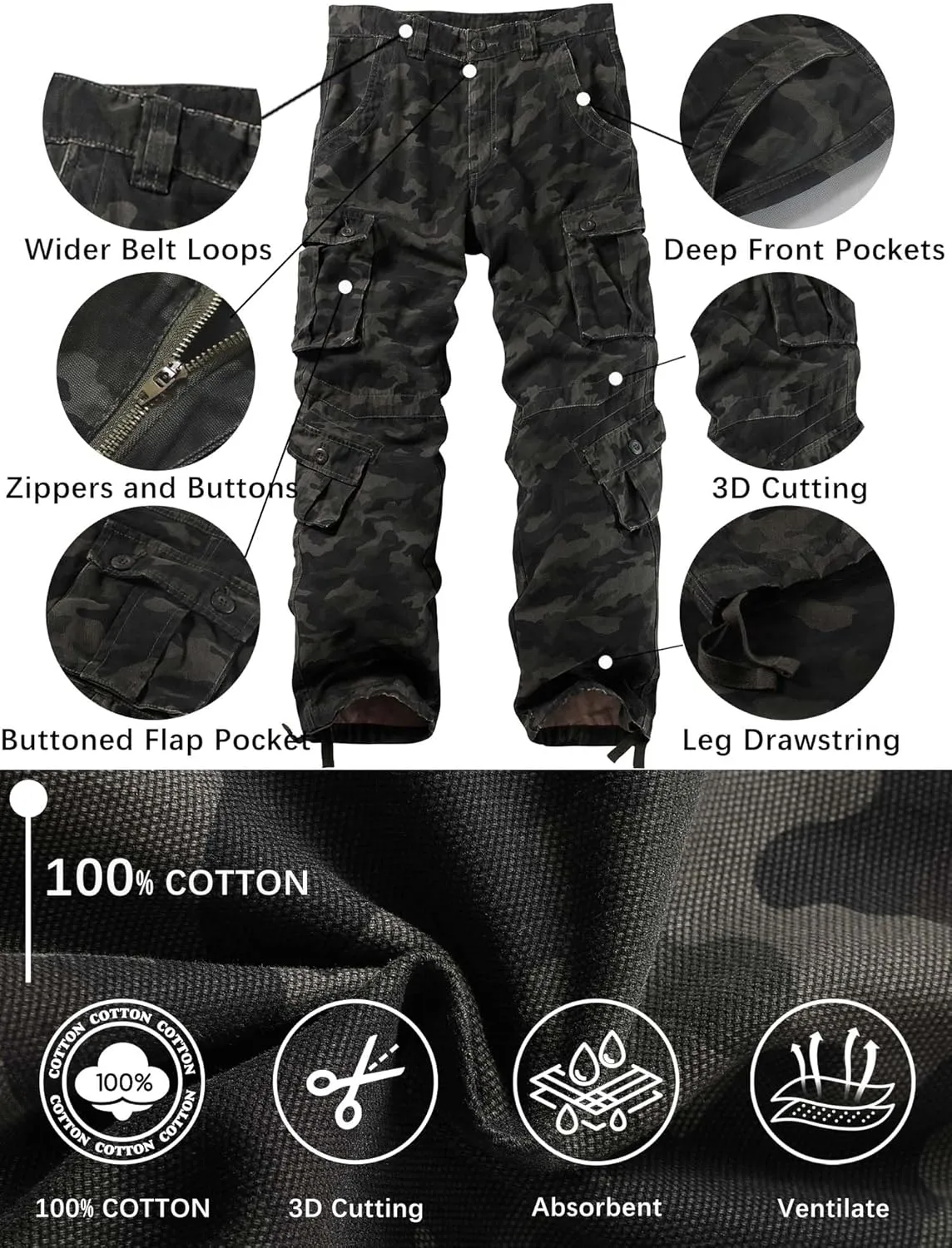 Men's Camo BDU Cargo Tactical Ripstop Casual Lightweight Baggy Combat 100% Cotton Pants with 8 Pockets(No Belt)