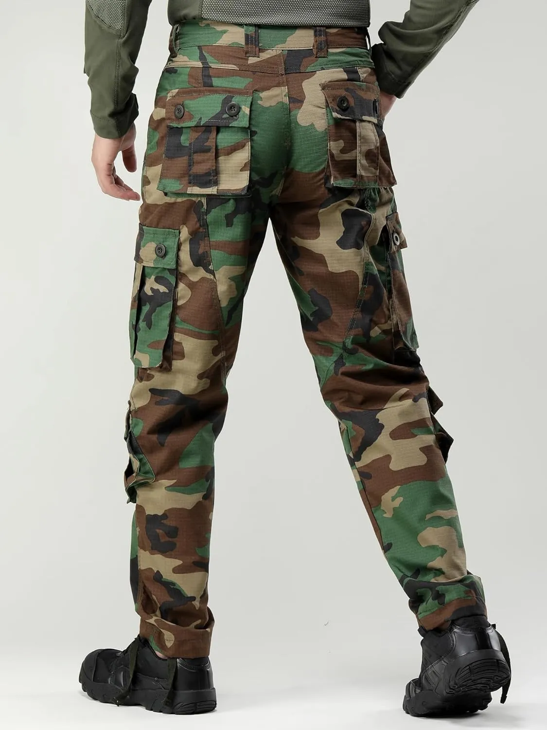 Men's Camo Cargo Work Pants Cotton Casual Tactical Ripstop Wild Outdoor Combat Trousers with 8 Pockets