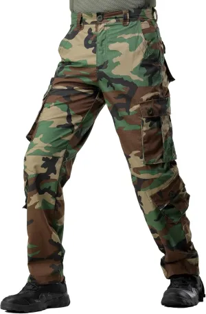 Men's Camo Cargo Work Pants Cotton Casual Tactical Ripstop Wild Outdoor Combat Trousers with 8 Pockets