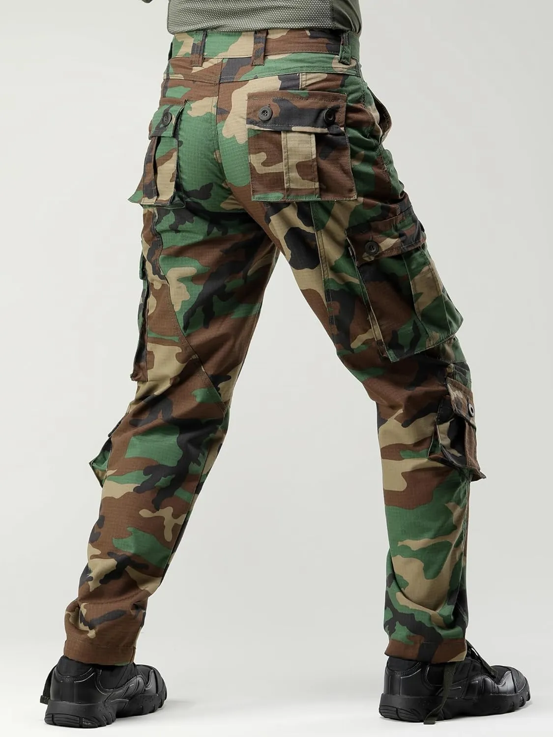 Men's Camo Cargo Work Pants Cotton Casual Tactical Ripstop Wild Outdoor Combat Trousers with 8 Pockets