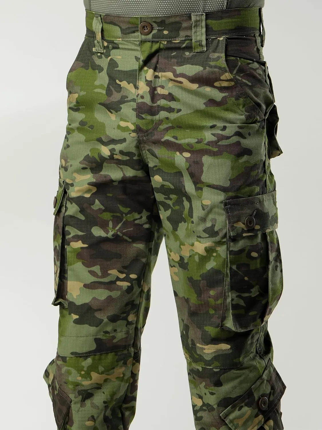 Men's Camo Cargo Work Pants Cotton Casual Tactical Ripstop Wild Outdoor Combat Trousers with 8 Pockets