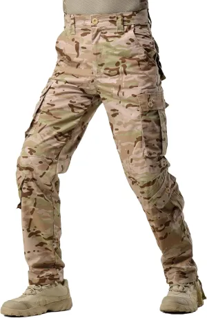 Men's Camo Cargo Work Pants Cotton Casual Tactical Ripstop Wild Outdoor Combat Trousers with 8 Pockets