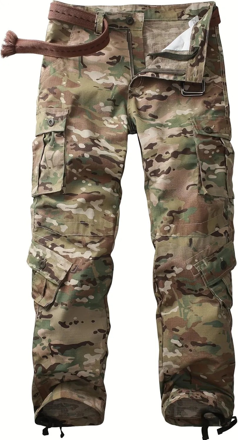 Men's Camo Cargo Work Pants Ripstop Lightweight Wild Army Military BDU Outdoor Trousers with 8 Pocktets (No Belt)
