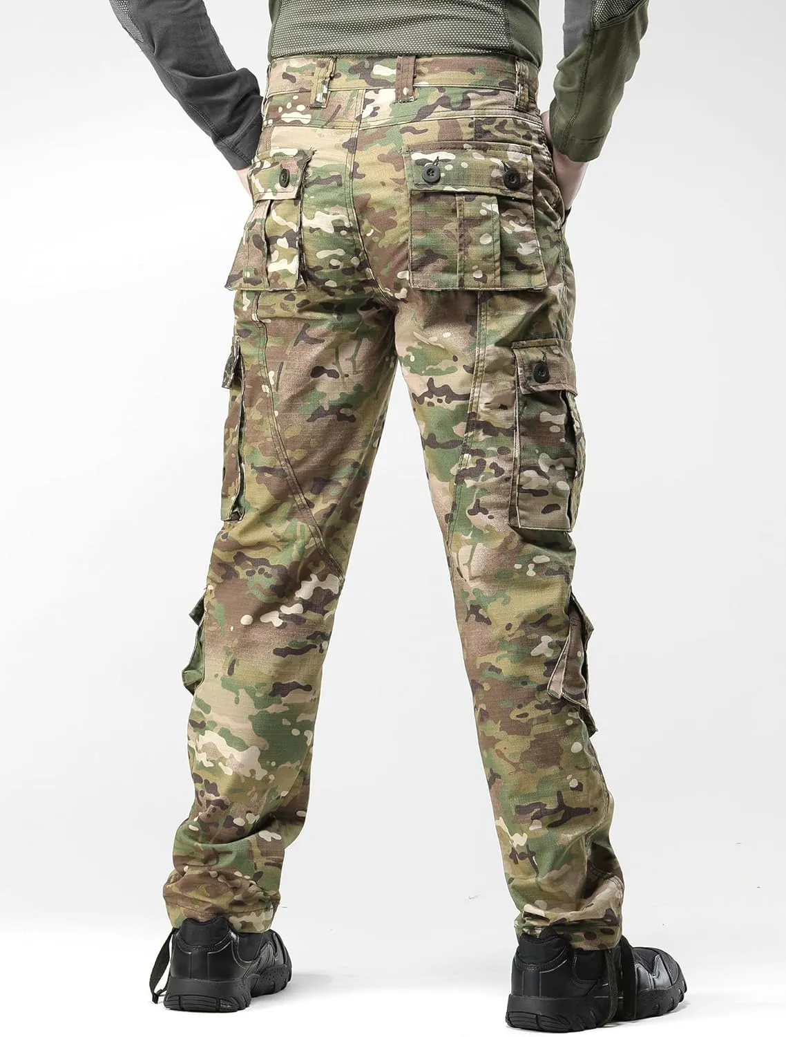 Men's Camo Cargo Work Pants Ripstop Lightweight Wild Army Military BDU Outdoor Trousers with 8 Pocktets (No Belt)