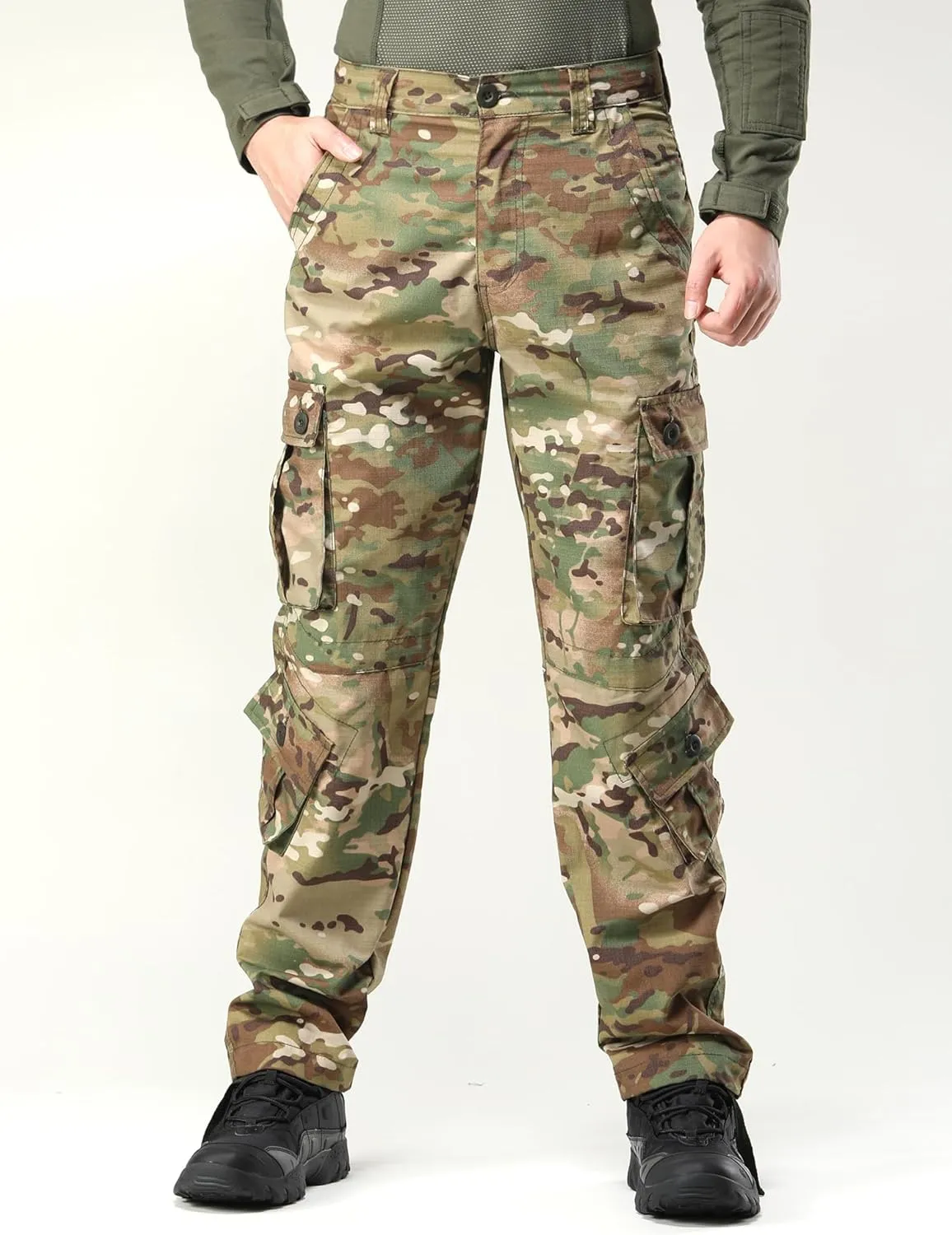 Men's Camo Cargo Work Pants Ripstop Lightweight Wild Army Military BDU Outdoor Trousers with 8 Pocktets (No Belt)