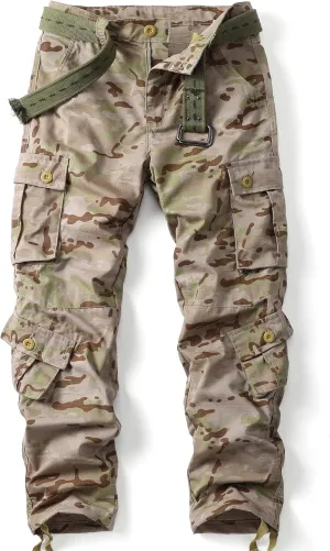 Men's Camo Cargo Work Pants Ripstop Lightweight Wild Army Military BDU Outdoor Trousers with 8 Pocktets (No Belt)
