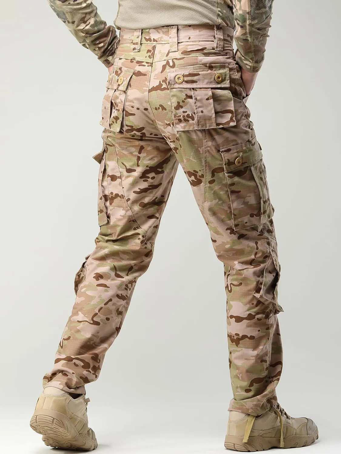 Men's Camo Cargo Work Pants Ripstop Lightweight Wild Army Military BDU Outdoor Trousers with 8 Pocktets (No Belt)