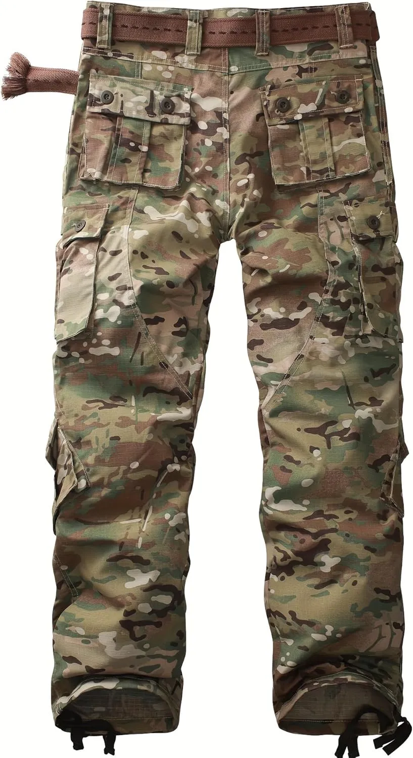 Men's Camo Cargo Work Pants Ripstop Lightweight Wild Army Military BDU Outdoor Trousers with 8 Pocktets (No Belt)
