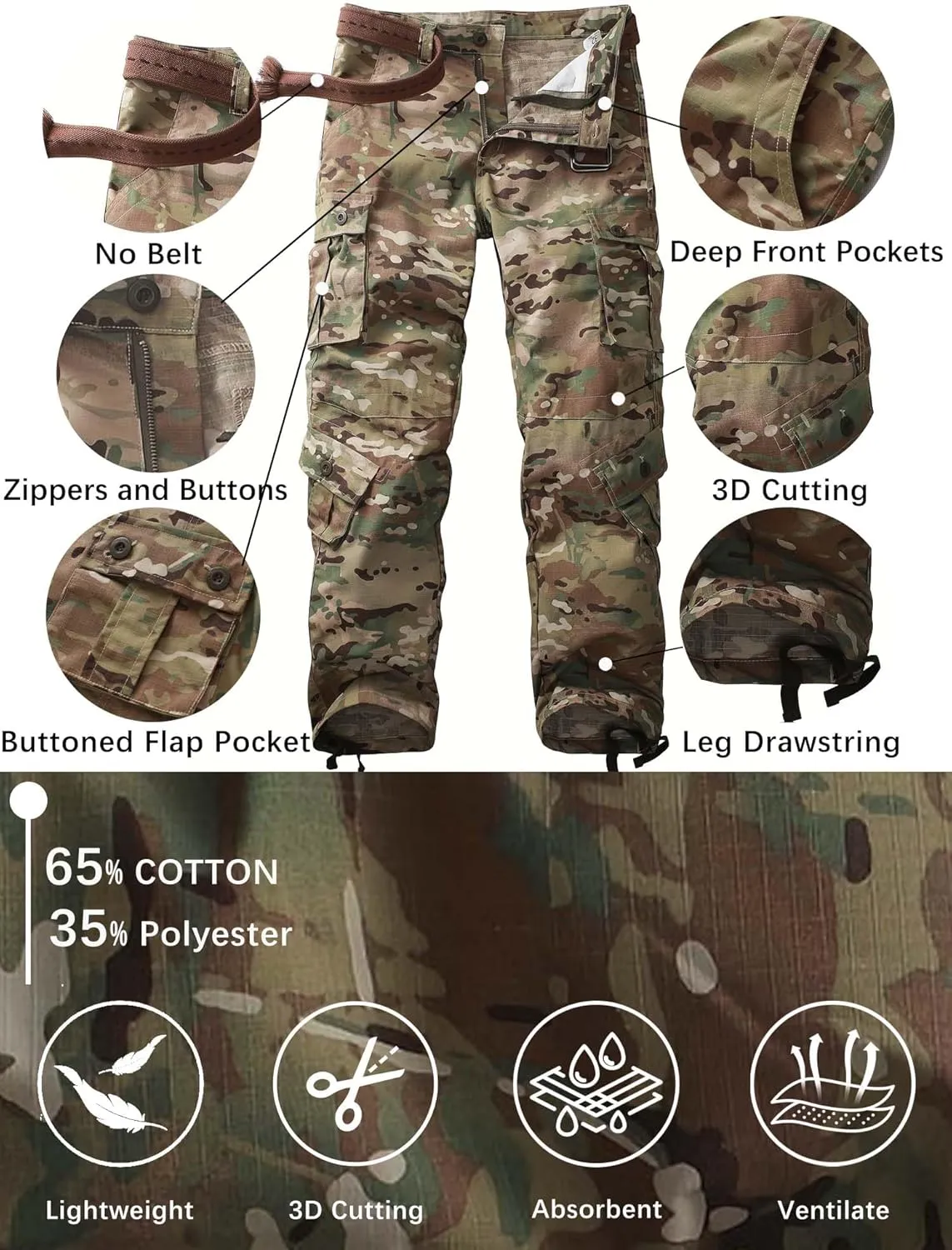 Men's Camo Cargo Work Pants Ripstop Lightweight Wild Army Military BDU Outdoor Trousers with 8 Pocktets (No Belt)