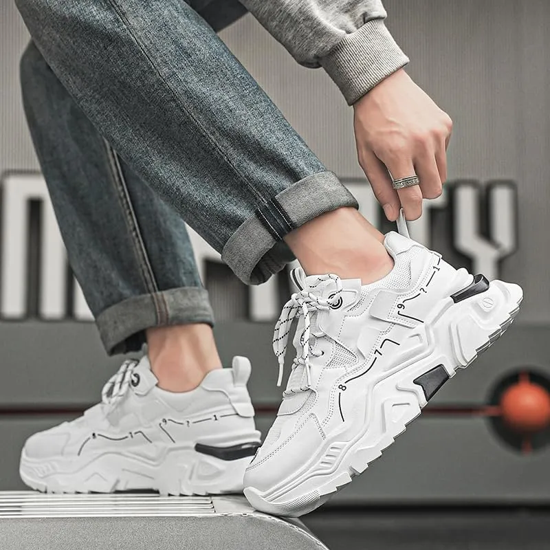 Men's Fashionable Chunky Sneakers - Breathable Mesh & Leather Upper, Trendy Design for Casual Wear