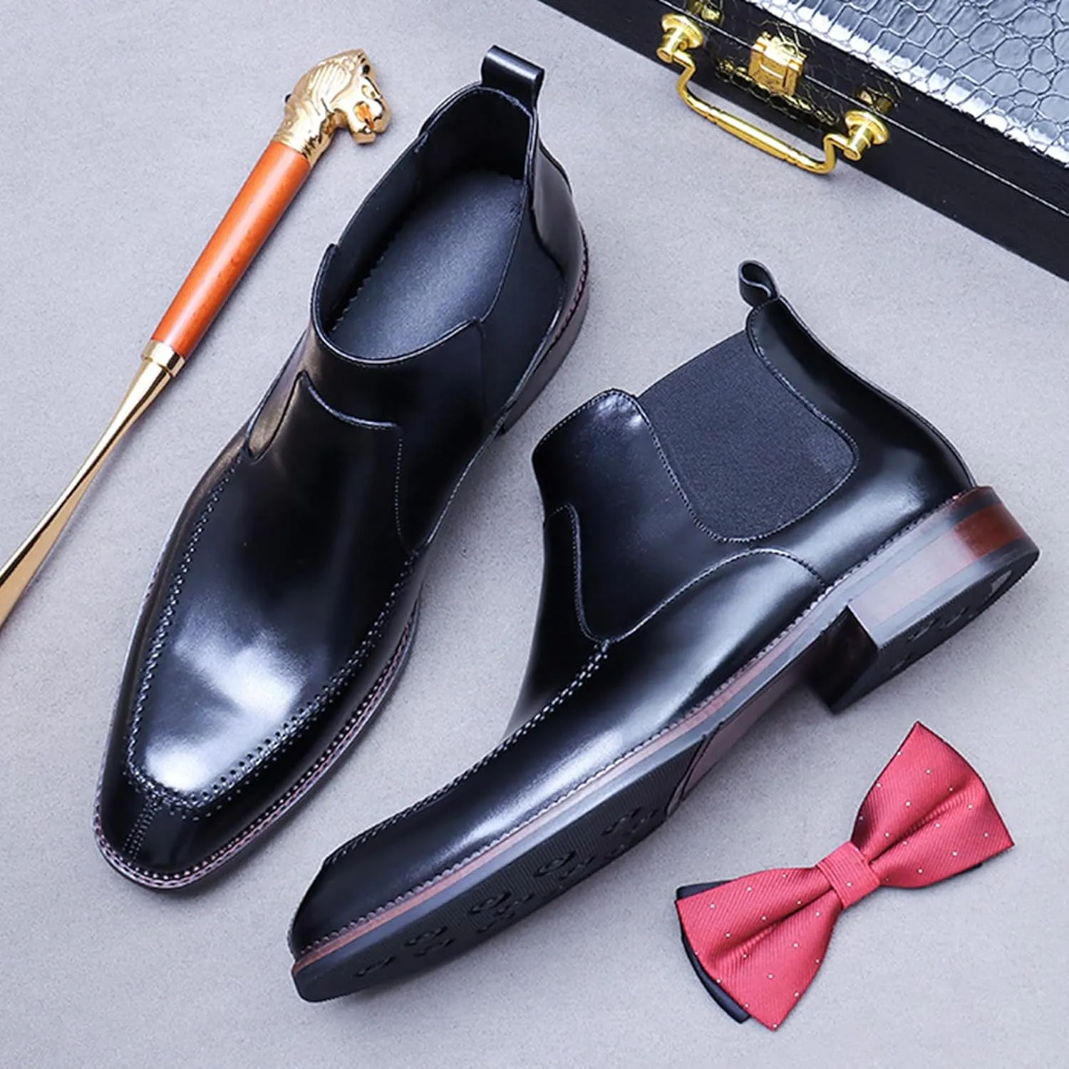 Mens Genuine Leather Chelsea Boots, Pointed-Toe Ankle Boot, Casual Brogues Boot for Formal Business Party