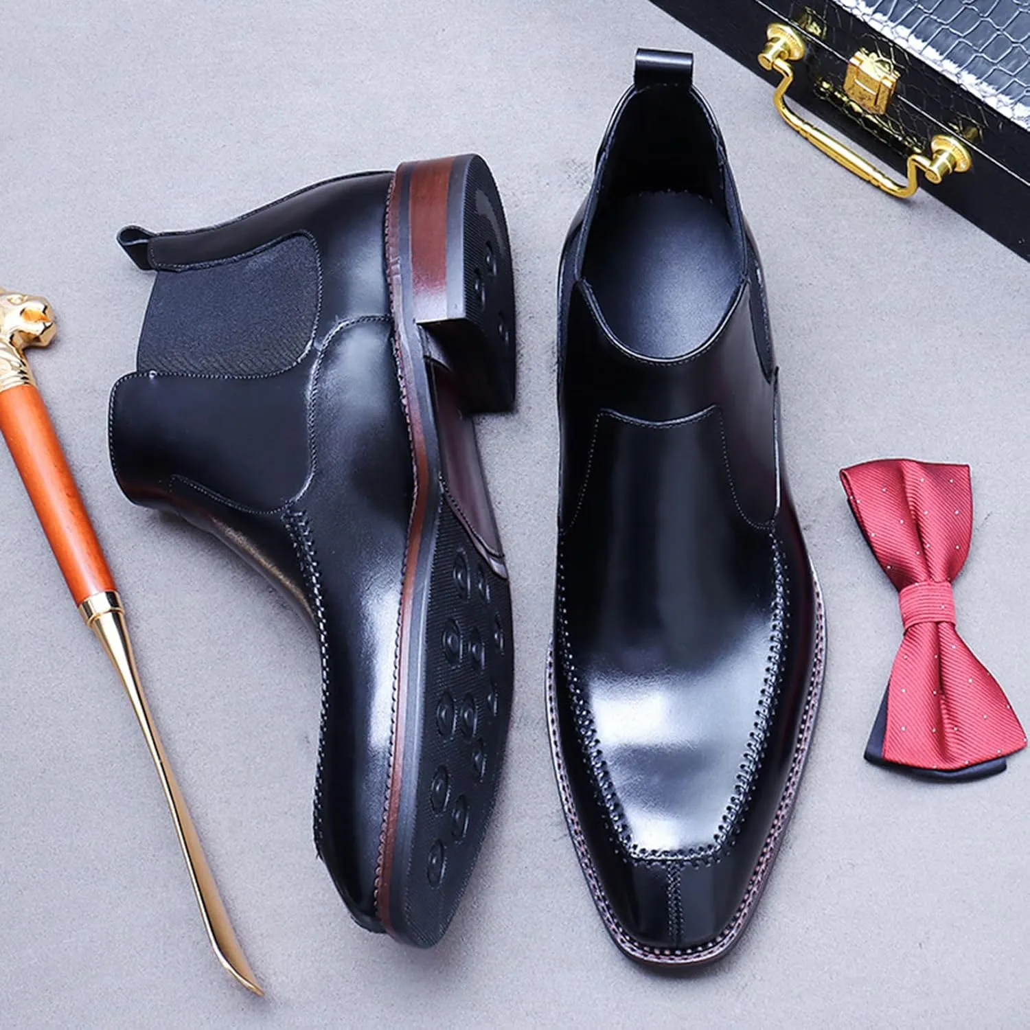 Mens Genuine Leather Chelsea Boots, Pointed-Toe Ankle Boot, Casual Brogues Boot for Formal Business Party