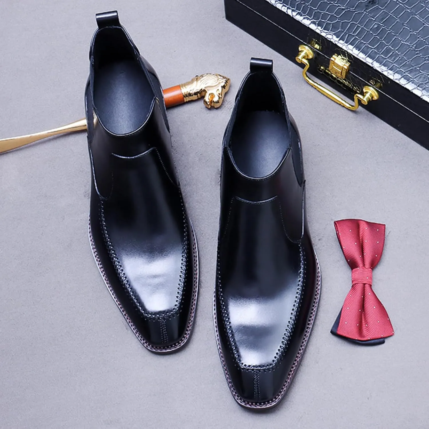 Mens Genuine Leather Chelsea Boots, Pointed-Toe Ankle Boot, Casual Brogues Boot for Formal Business Party