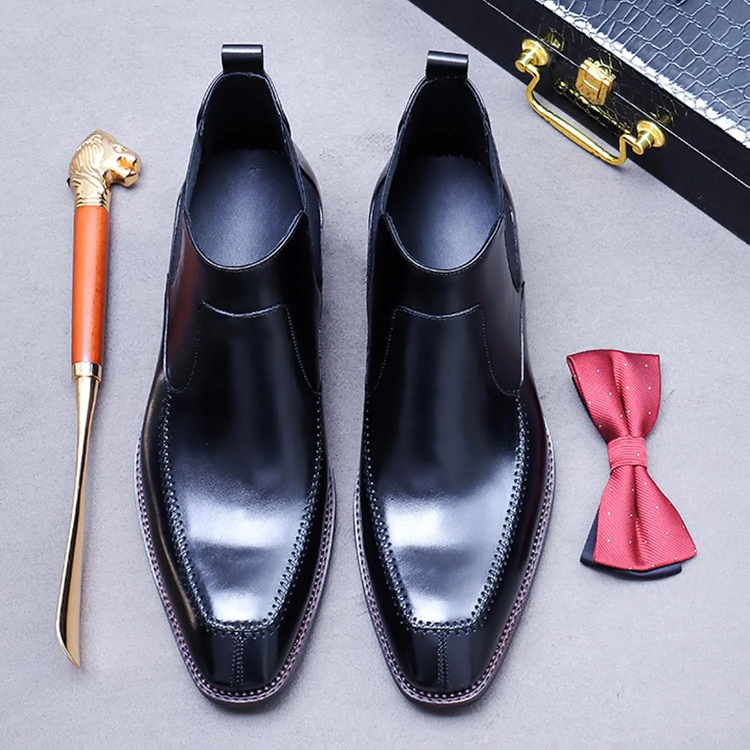 Mens Genuine Leather Chelsea Boots, Pointed-Toe Ankle Boot, Casual Brogues Boot for Formal Business Party
