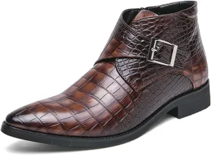 Men's Leather Crocodile Print Chelsea Ankle Boots Fashion Pointed Dress Chukka Boots