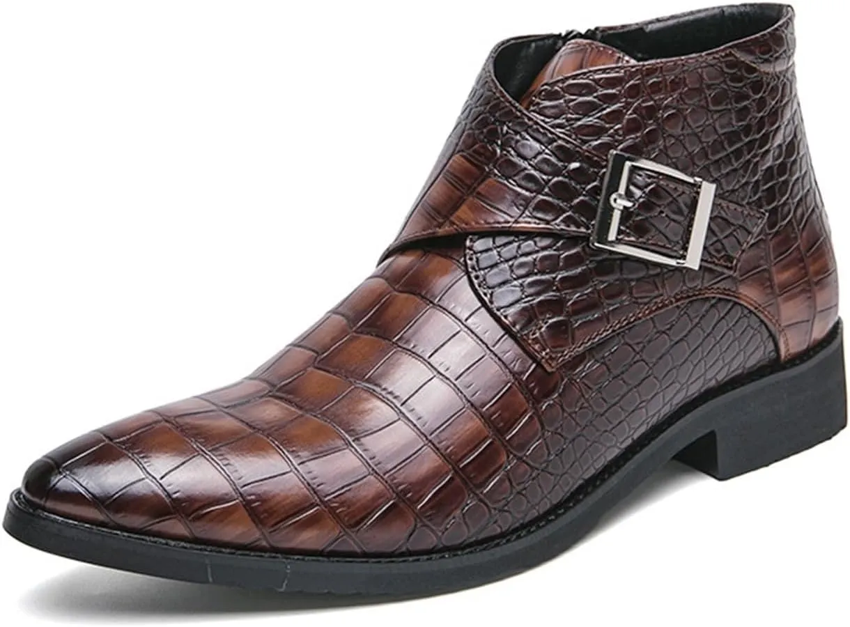 Men's Leather Crocodile Print Chelsea Ankle Boots Fashion Pointed Dress Chukka Boots