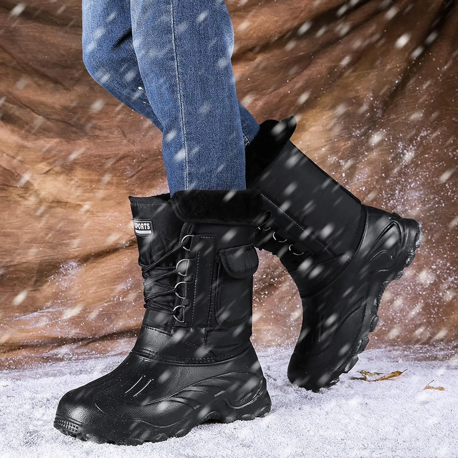 Men's Snow Boots Waterproof Work Anti-Slip Fur Lined Casual Outdoor Sneakers Winter Keep Warm Classic Shoes for Men