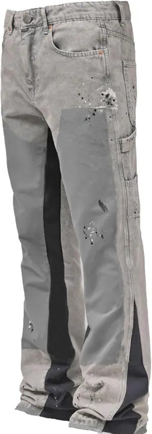 Men's Stacked Jeans Mid Rise Relaxed Fit Patchwork Straight Leg Denim Pants Retro Hip Hop Streetwear Trousers