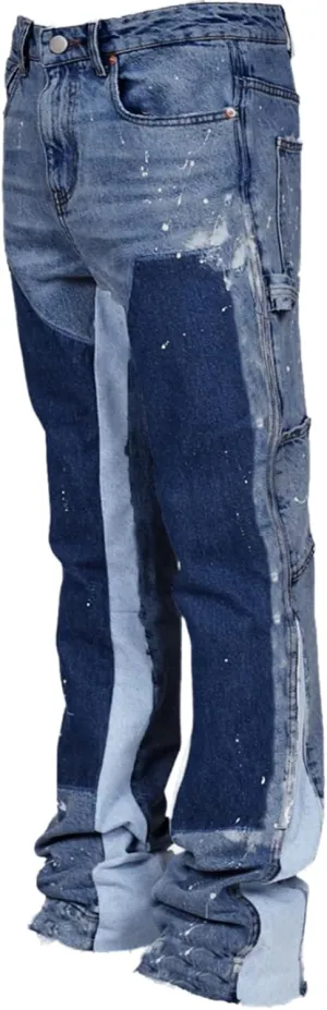 Men's Stacked Jeans Mid Rise Relaxed Fit Patchwork Straight Leg Denim Pants Retro Hip Hop Streetwear Trousers