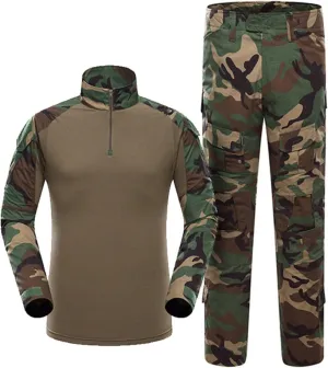 Men's Tactical Shirt and Pants Set Long Sleeve Woodland Hunting Military Uniform for Mountain Climbing Cycling Travel