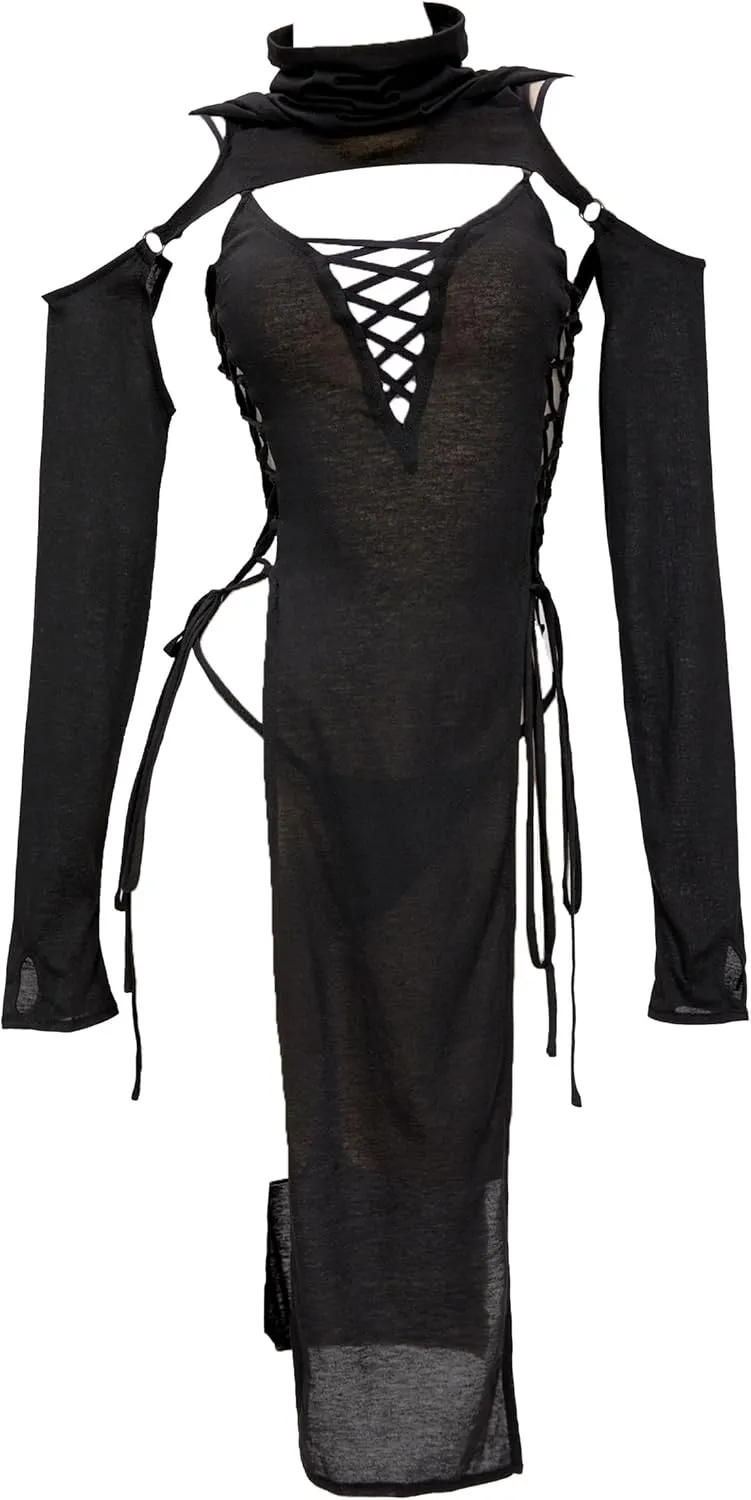 MEOWCOS Women's Bodycon Dress Gothic Ninja Style Lace up Slit Dress and Hooded Top Black