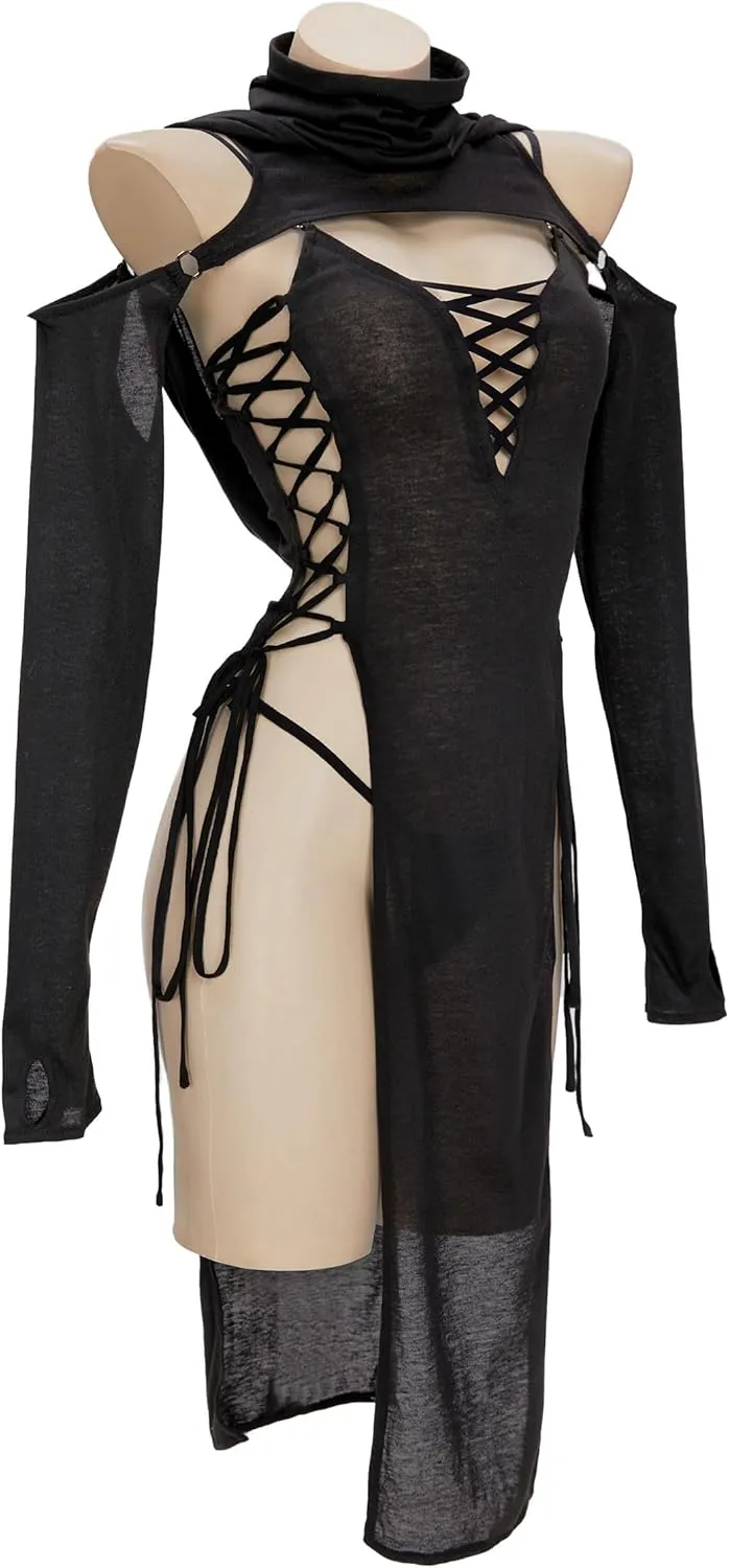 MEOWCOS Women's Bodycon Dress Gothic Ninja Style Lace up Slit Dress and Hooded Top Black