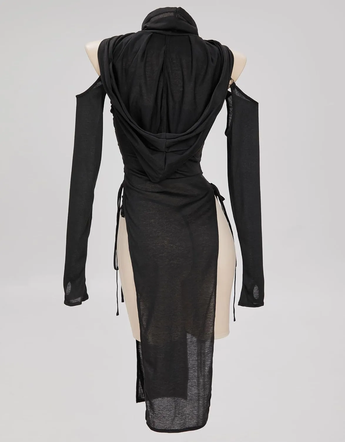 MEOWCOS Women's Bodycon Dress Gothic Ninja Style Lace up Slit Dress and Hooded Top Black