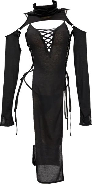 MEOWCOS Women's Bodycon Dress Gothic Ninja Style Lace up Slit Dress and Hooded Top Black
