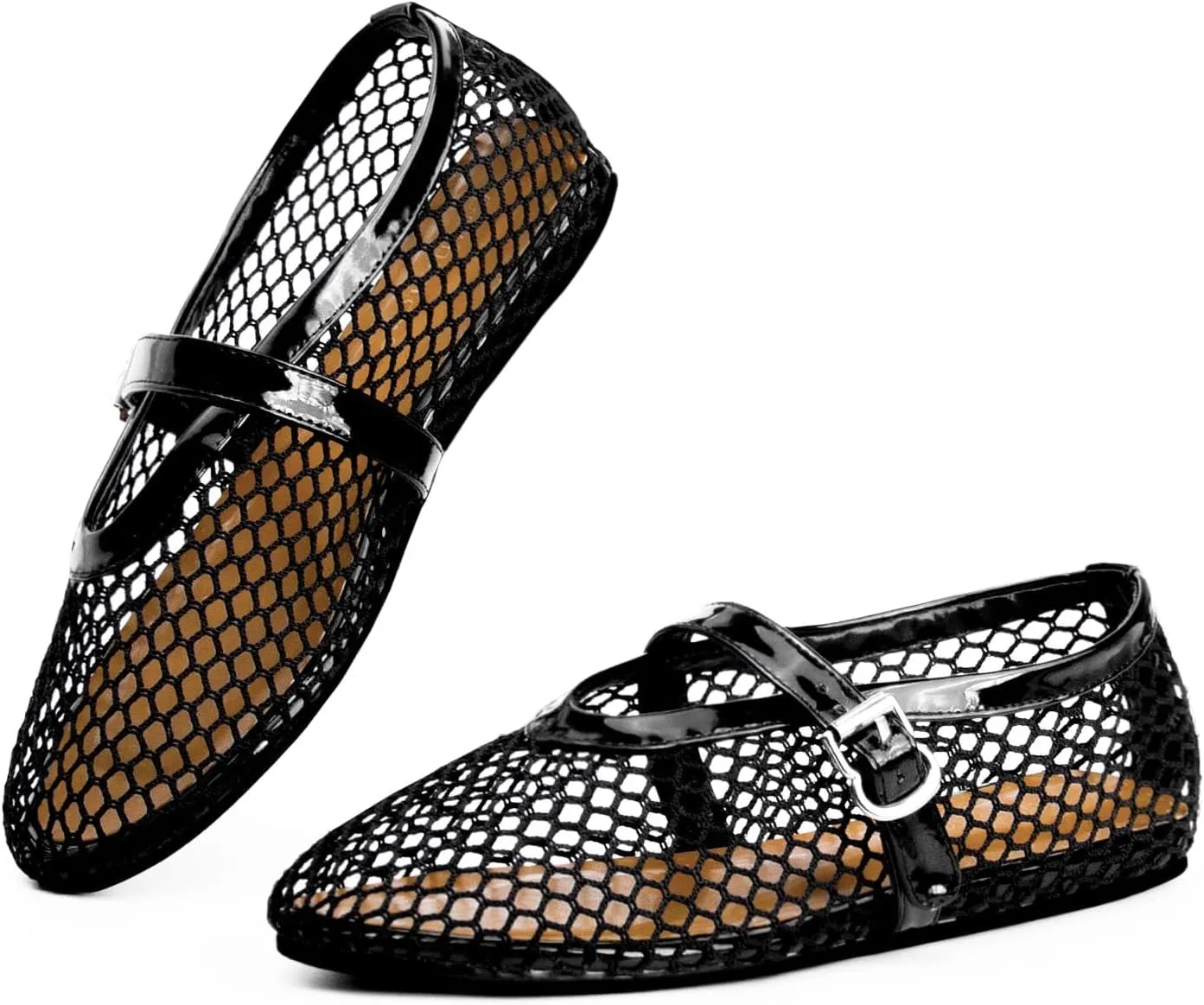 Mesh Ballet Flats for Women Round Toe Fishnet Mary Jane Flats Buckle Strap Casual Comfortable Office Ballerina Shoes