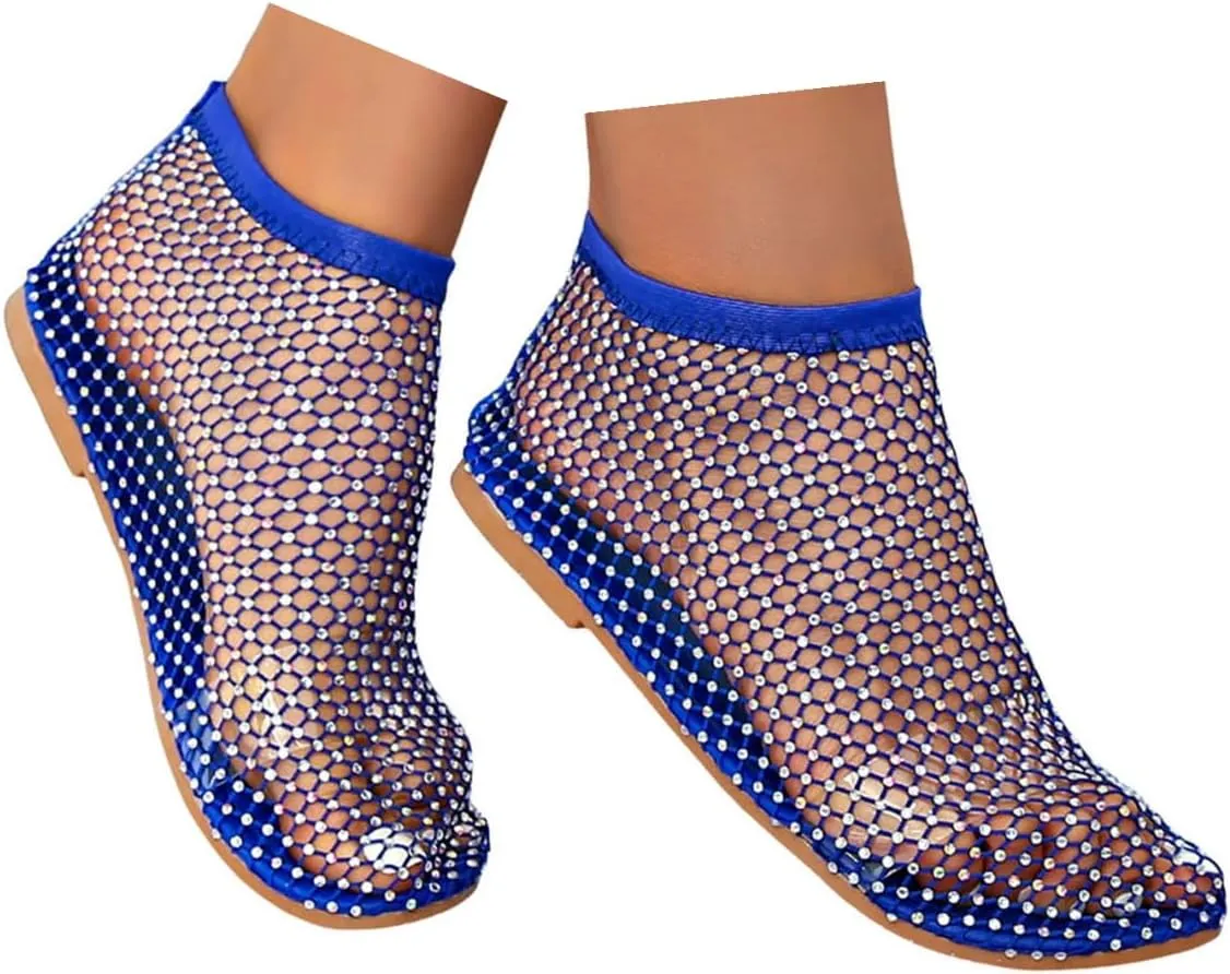 Mesh Ballet Flats for Women Slip On Shiny Mesh Flats Round Toe Sparkly Rhinestone Sandals Sexy Fishnet Sandals Beach Casual Dress Flats Comfortable