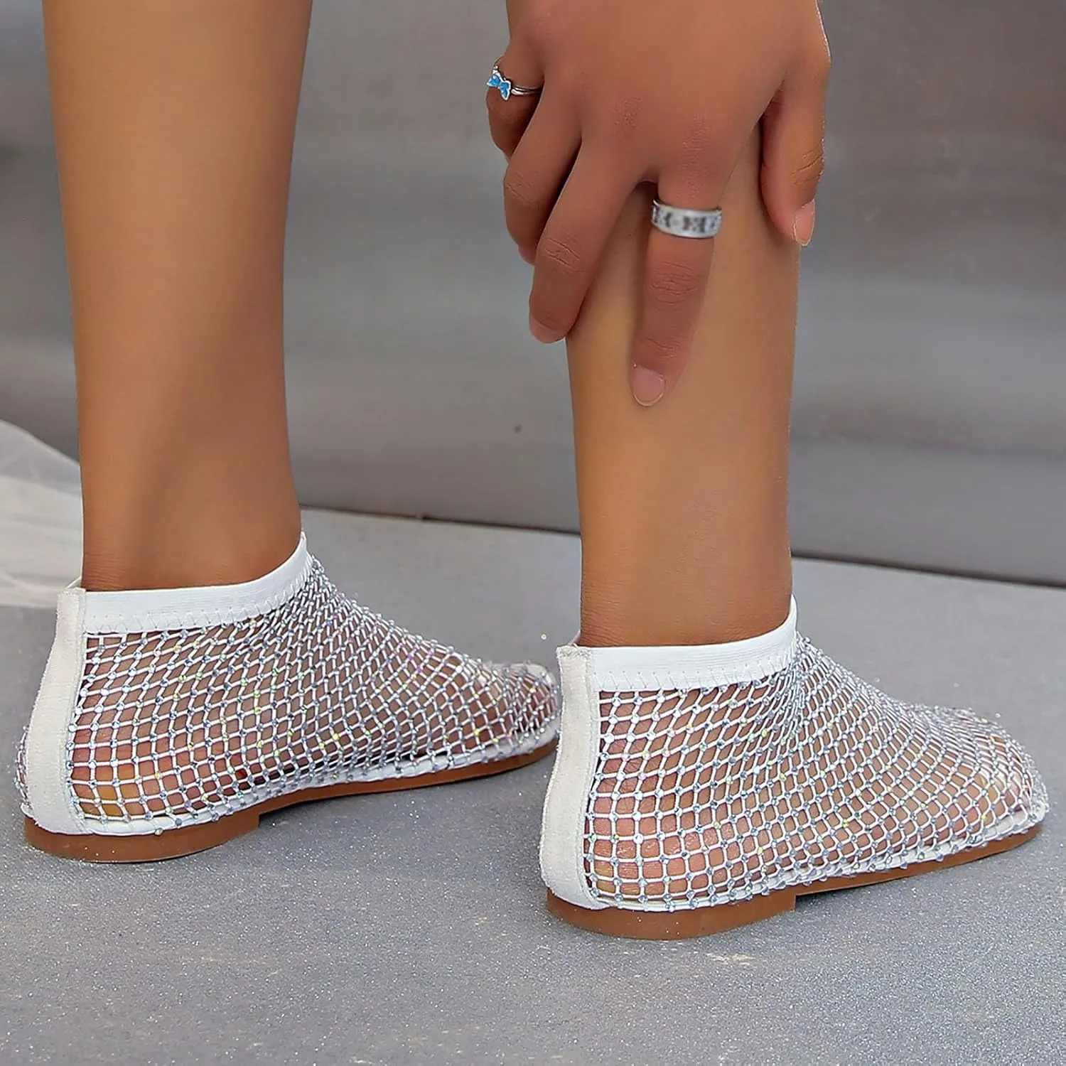 Mesh Ballet Flats for Women Slip On Shiny Mesh Flats Round Toe Sparkly Rhinestone Sandals Sexy Fishnet Sandals Beach Casual Dress Flats Comfortable