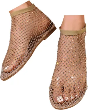 Mesh Ballet Flats for Women Slip On Shiny Mesh Flats Round Toe Sparkly Rhinestone Sandals Sexy Fishnet Sandals Beach Casual Dress Flats Comfortable