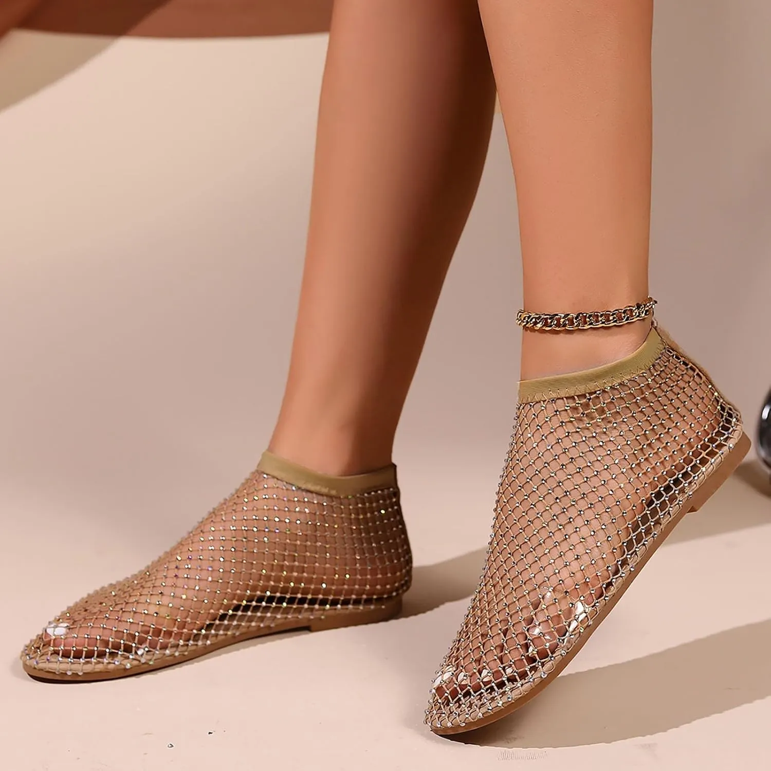 Mesh Ballet Flats for Women Slip On Shiny Mesh Flats Round Toe Sparkly Rhinestone Sandals Sexy Fishnet Sandals Beach Casual Dress Flats Comfortable