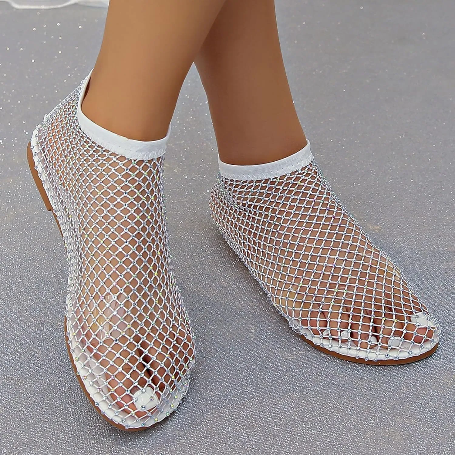 Mesh Ballet Flats for Women Slip On Shiny Mesh Flats Round Toe Sparkly Rhinestone Sandals Sexy Fishnet Sandals Beach Casual Dress Flats Comfortable