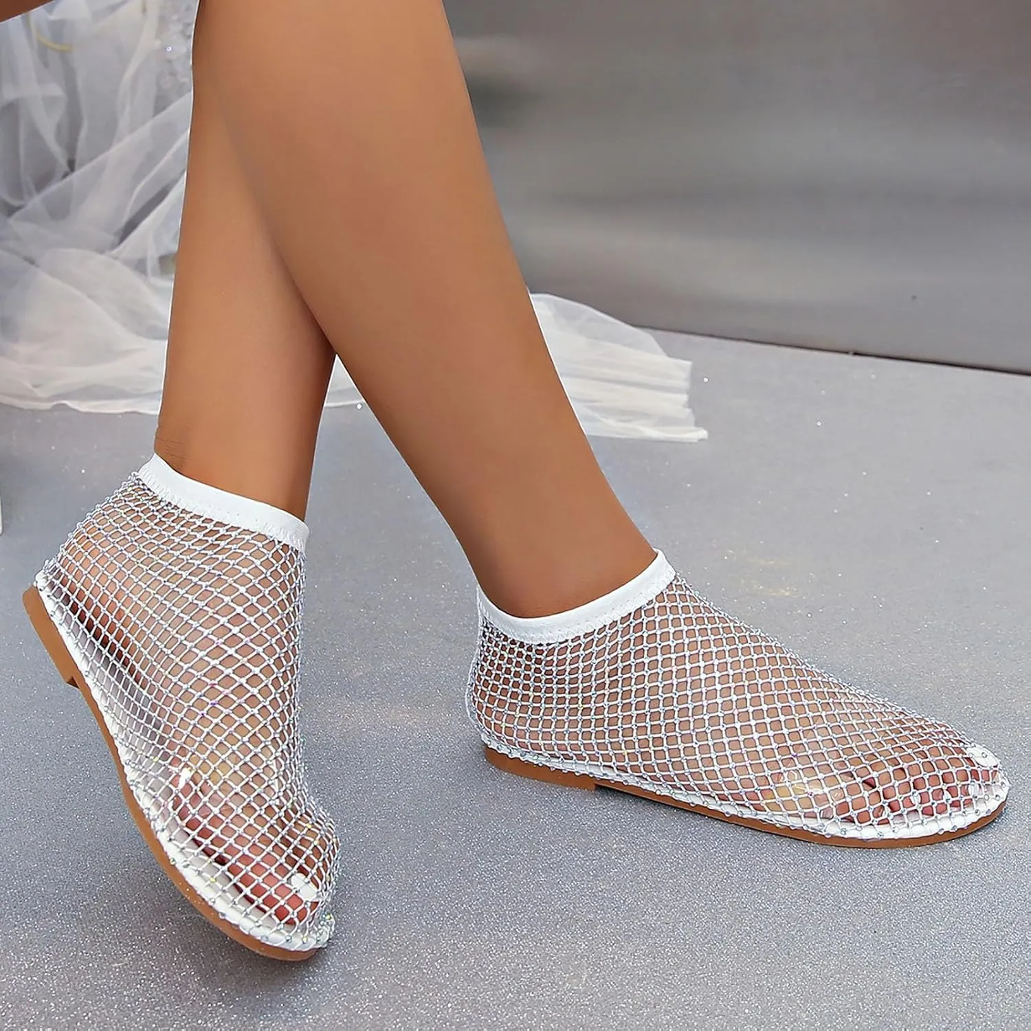 Mesh Ballet Flats for Women Slip On Shiny Mesh Flats Round Toe Sparkly Rhinestone Sandals Sexy Fishnet Sandals Beach Casual Dress Flats Comfortable