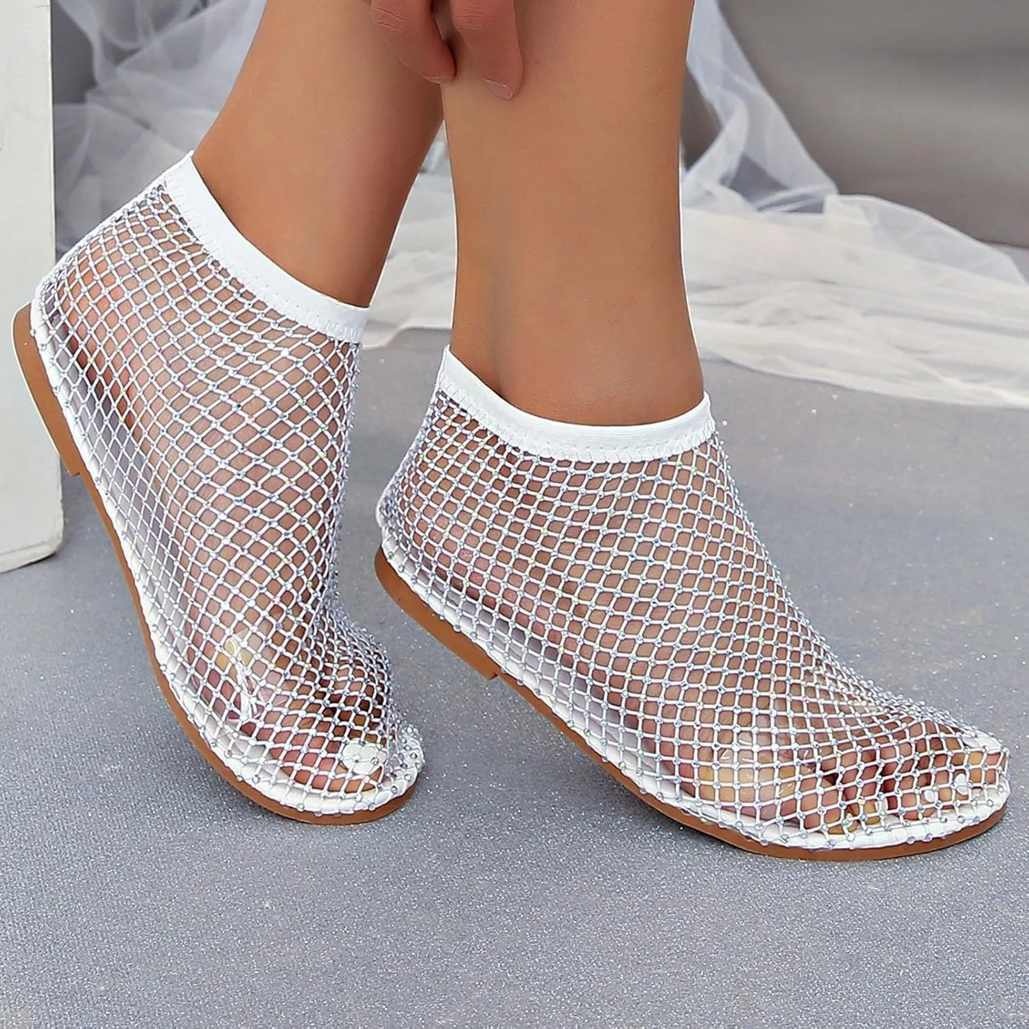 Mesh Ballet Flats for Women Slip On Shiny Mesh Flats Round Toe Sparkly Rhinestone Sandals Sexy Fishnet Sandals Beach Casual Dress Flats Comfortable
