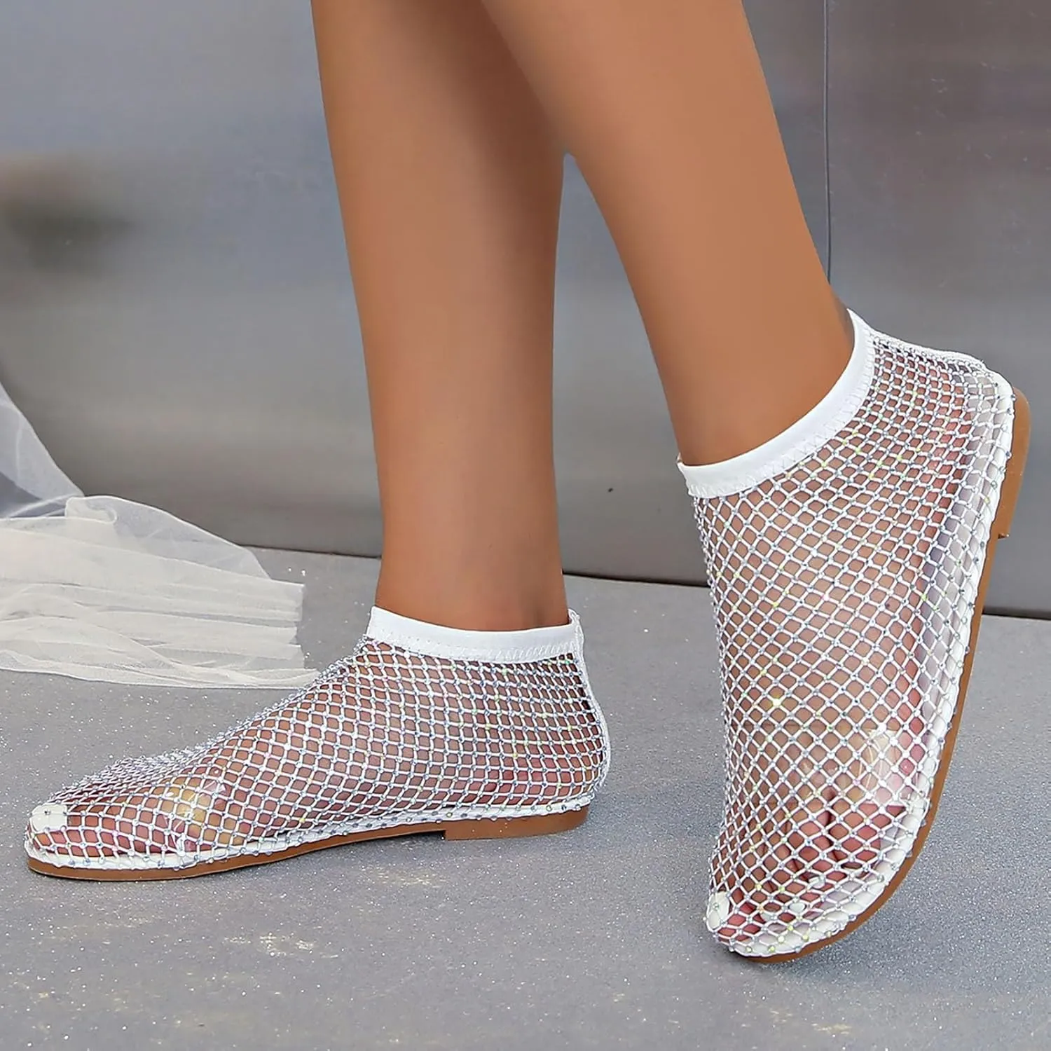 Mesh Ballet Flats for Women Slip On Shiny Mesh Flats Round Toe Sparkly Rhinestone Sandals Sexy Fishnet Sandals Beach Casual Dress Flats Comfortable