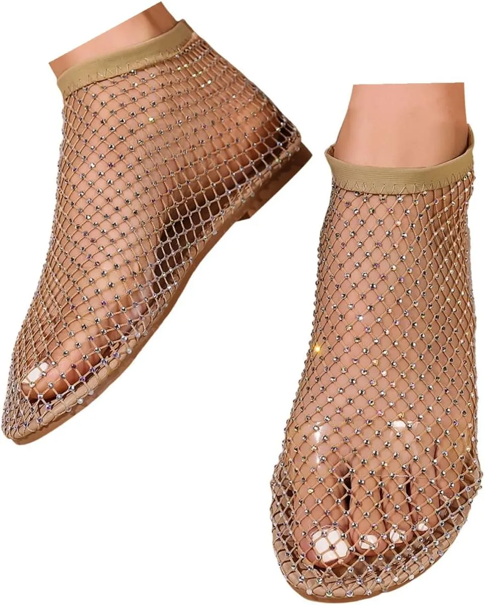 Mesh Ballet Flats for Women Slip On Shiny Mesh Flats Round Toe Sparkly Rhinestone Sandals Sexy Fishnet Sandals Beach Casual Dress Flats Comfortable