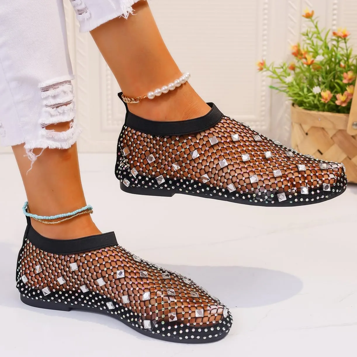 Mesh Flats for Women Ultra Comfortable Shiny Gem Mesh Flats Mesh Ballet Flats for Women