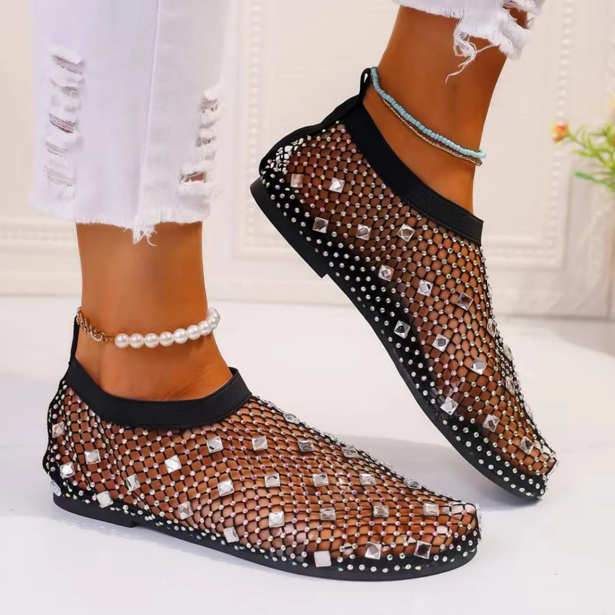Mesh Flats for Women Ultra Comfortable Shiny Gem Mesh Flats Mesh Ballet Flats for Women