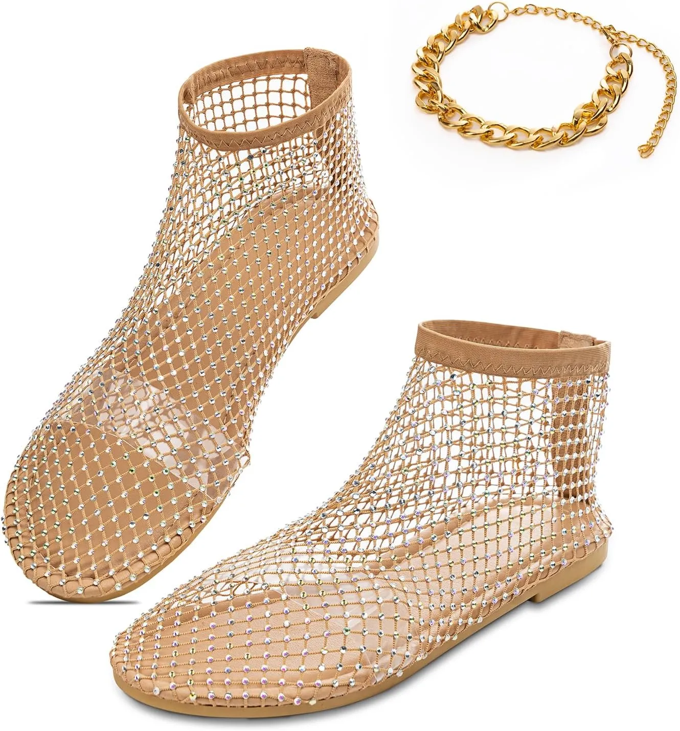 Mesh Flats for Women - Ultra Comfortable Shiny Gem - Women's Dressy Summer Slip-On Flat Sandals, Golden Anklet Included
