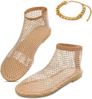 Mesh Flats for Women - Ultra Comfortable Shiny Gem - Women's Dressy Summer Slip-On Flat Sandals, Golden Anklet Included