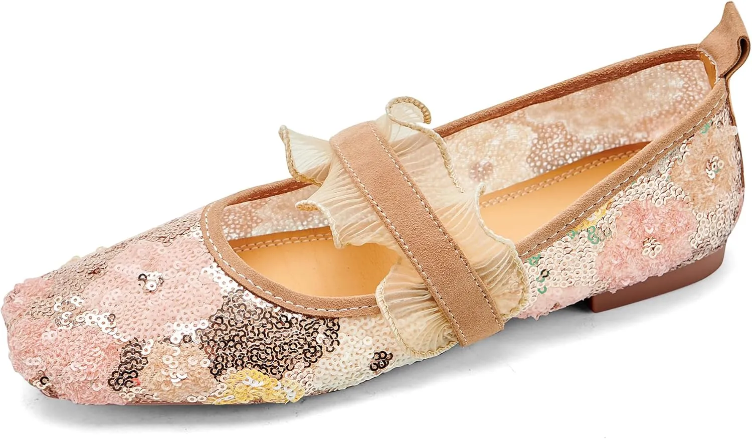 Mesh Mary Jane Ballet Flats Women Sequins Flower Square Toe Flats Ladies Comfortable Embroidered Slip on Soft Ballerina Shoes