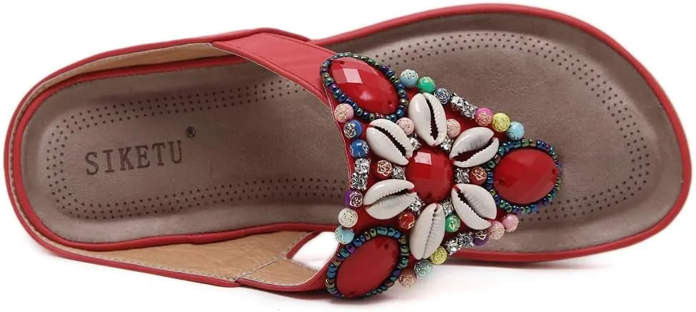 MIOKE Women's Bohemia Beaded Flat Sandals T-strap Summer Slip On Comfort Beach Flipflops Thong Slippers